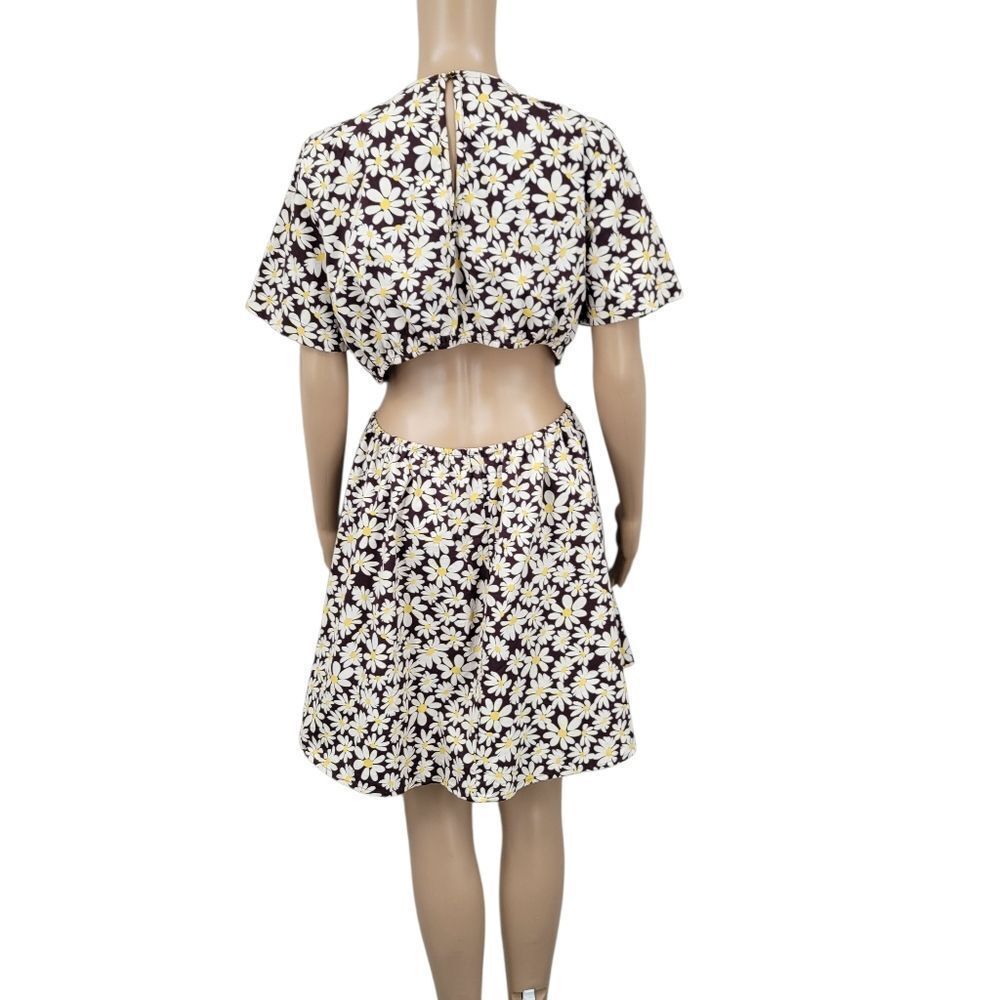 Indulge Cotton Daisy Print Mini Dress in Brown and White Cut Out Sides and Back - Picture 3 of 11